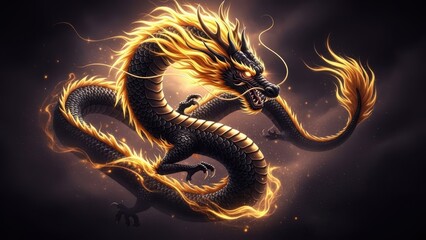 Glowing golden dragon illustration coiled in fiery dynamic motion.