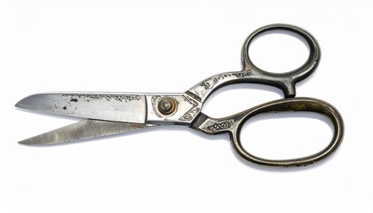 Old scissors lying on a plain background with visible wear from years of use