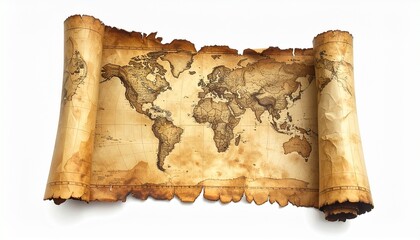 Old world map rolled out on a flat surface shows countries and oceans clearly with aged paper details in view