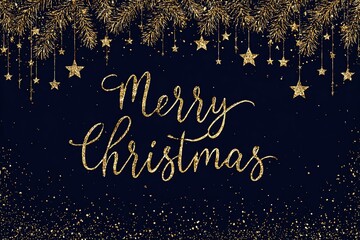 Festive gold glitter text saying Merry Christmas on a black background, surrounded by shimmering stars and decorative elements, creating a joyful holiday atmosphere