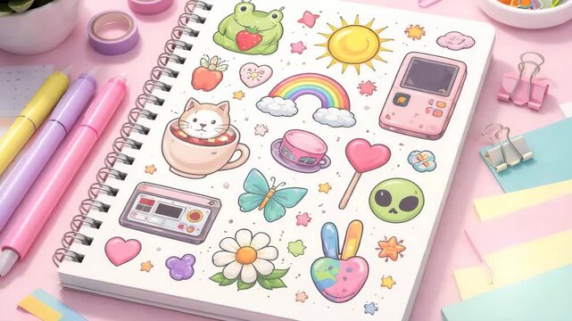 Cute sticker collection with playful mood showing kawaii doodle illustrations against pastel desk background with copy space