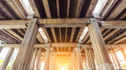 nationalizing. Massive bridge pillar supporting elevated roadway with architectural detail in daylight. real-estate listings.