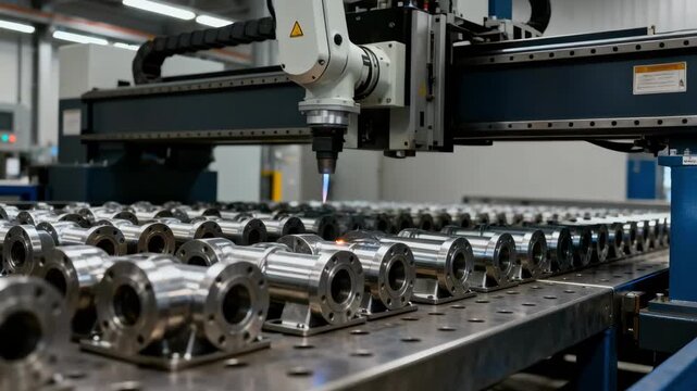 Medium shot showcasing a stationary robotic welding setup in a manufacturing plant highlighting the steady exact welding process used for highvolume assembly of metal parts.