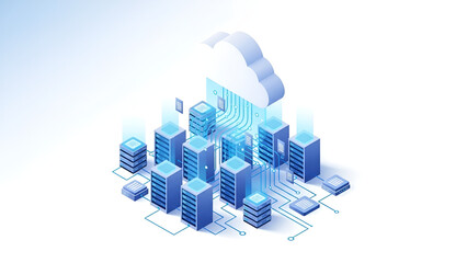Modern cloud computing infrastructure with server towers and data storage connected to a large cloud