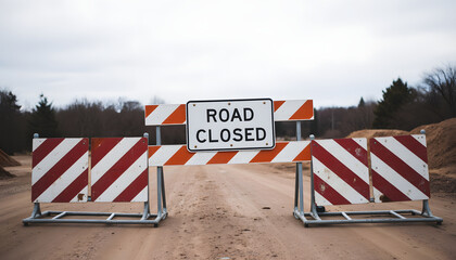 Road closed barrier with red and white stripes on a dirt road