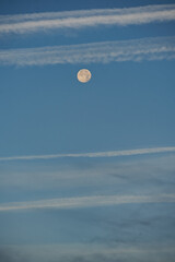 Full moon appearing in blue sky with contrails