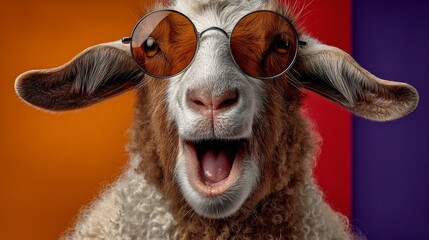 Obraz premium A goat wearing sunglasses and a smile. The goat is wearing sunglasses and he is happy. The image has a fun and lighthearted mood