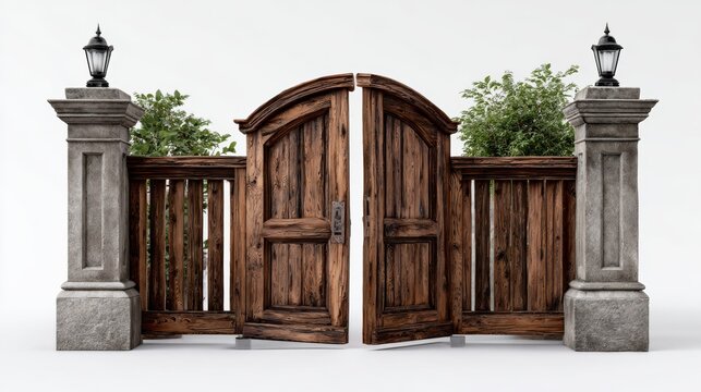 The gate is open and has a wooden door. The gate is surrounded by a stone wall and has a few plants growing out of it