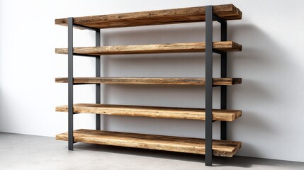 A wooden shelf with five shelves and metal supports. The shelf is empty and the wood is brown