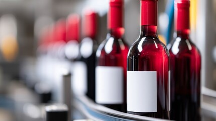 Bottles of red wine with sleek glass and vibrant caps glide along a conveyor belt in a lively vineyard. The atmosphere buzzes with anticipation as harvest begins