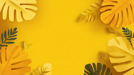 Yellow Background with Mixed Tropical Leaf Border leaves