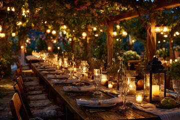 Dreamy twilight outdoor dinner under warm string lights along a rustic garden table
