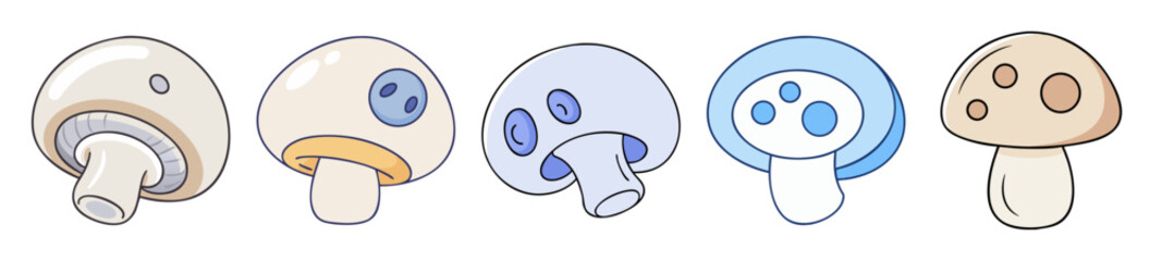 Collection of five artistic mushroom silhouettes featuring subtle color washes and detailed gills and caps