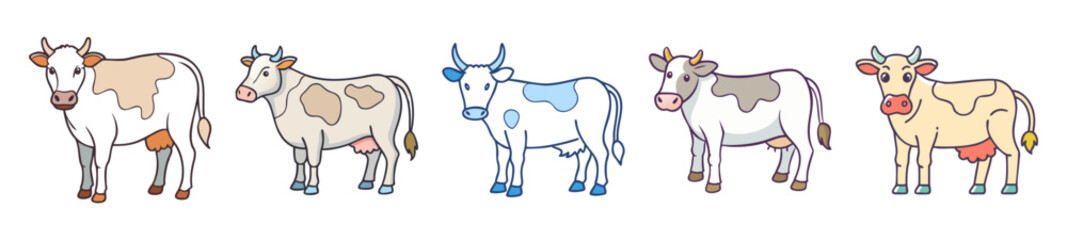 Fototapeta premium A collection of five black and white cartoon-style cows with subtle pastel coloring accents on their bodies