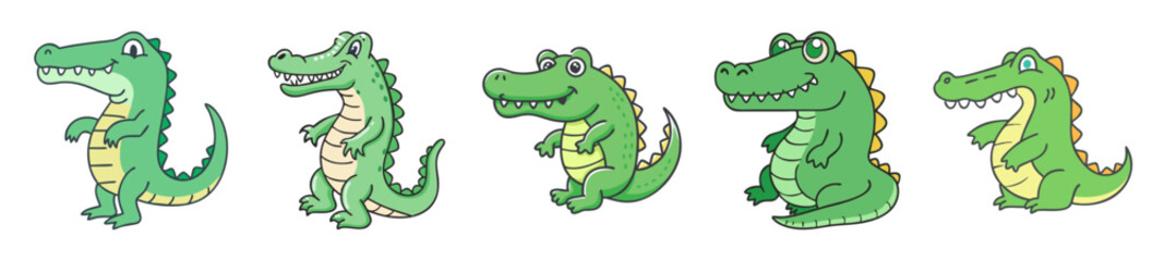 Fototapeta premium A row of five cute cartoon green crocodiles smiling and looking to the side on a light background