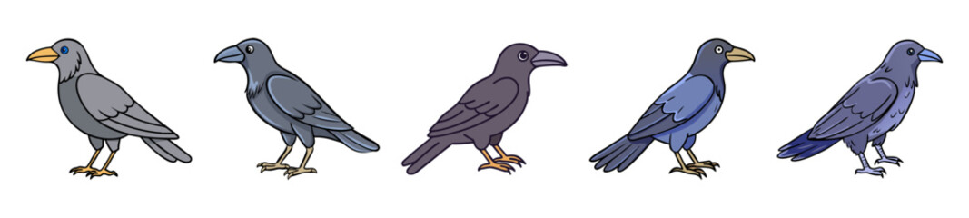 Fototapeta premium Five detailed black crows perched and posing in a row displaying subtle colorful iridescence on their feathers