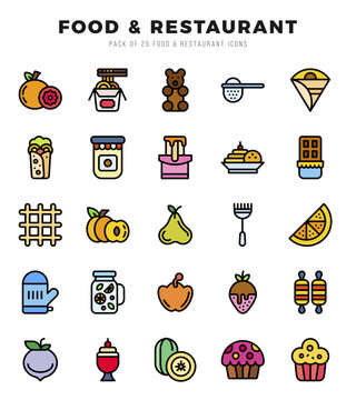 Set of Food and Restaurant Icons. Simple Lineal Color art style icons pack.