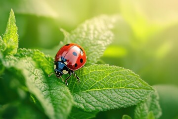 Fototapeta premium A vibrant red ladybug with black spots is perched on a green leaf, surrounded by a soft green background with hints of sunlight filtering through the leaves.