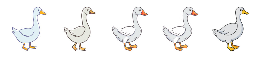 Obraz premium Five whimsical line art style geese with colorful accents in various playful poses and expressions