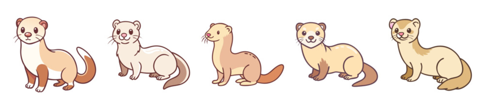 Whimsical artistic depiction of ferrets in various poses with soft colored backgrounds capturing their playful nature