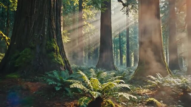 Majestic redwood forest scene bathed in ethereal morning sunbeams filtering through the dense canopy illuminating lush green ferns and mossy trunks below