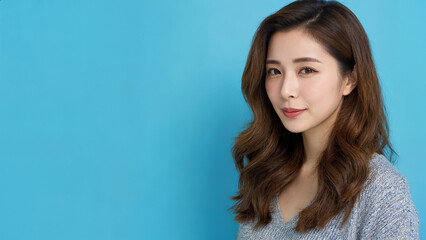 Fototapeta premium 明るめの茶髪ロングヘアの美しい女性が、シンプルなニットでカメラ目線を向けている
