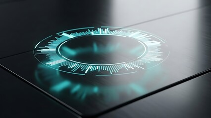 Glowing blue digital circle with futuristic sound wave patterns on sleek black surface