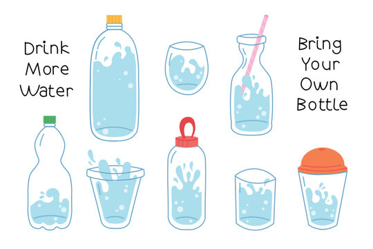 Flat vector set of water bottles and glasses with motivational phrases &ldquo;drink more water&rdquo; and &ldquo;bring your own bottle.&rdquo; Clean modern style with a healthy lifestyle message.  