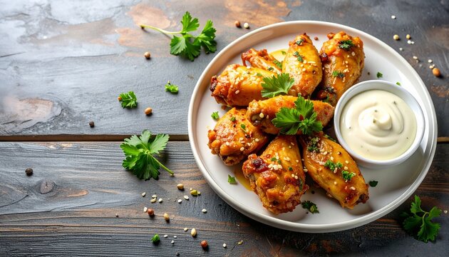 Crispy golden-brown chicken wings glistening with garlic parmesan butter sauce, arranged artfully on a white ceramic plate beside a dollop of creamy mayonnaise. Horizontal top-down view captures every