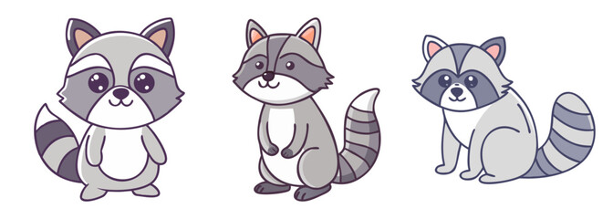 Three adorable cartoon raccoons with striped tails and bandit masks for creative projects