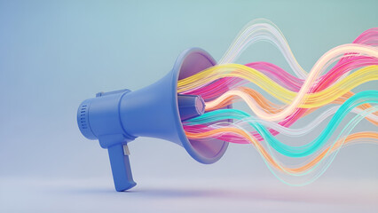Vibrant colorful lines emerging from blue megaphone for dynamic communication