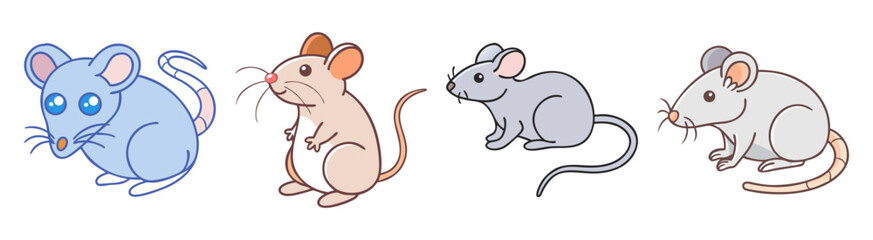 Four adorable cartoon rats in various pastel colors each with unique expressions and playful poses