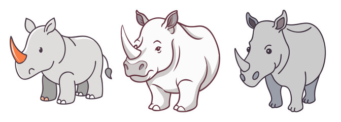 Three adorable rhinos ready for coloring delight and educational fun