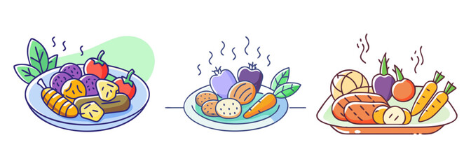 A colorful assortment of fresh fruits and vegetables artistically arranged on plates