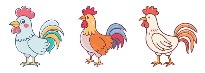 Three distinct cartoon roosters in a row each showcasing unique colors and styles a charming poultry collection