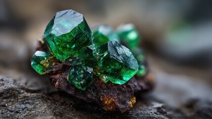 Emerald-green crystal cluster resting on a rugged rock in natural light