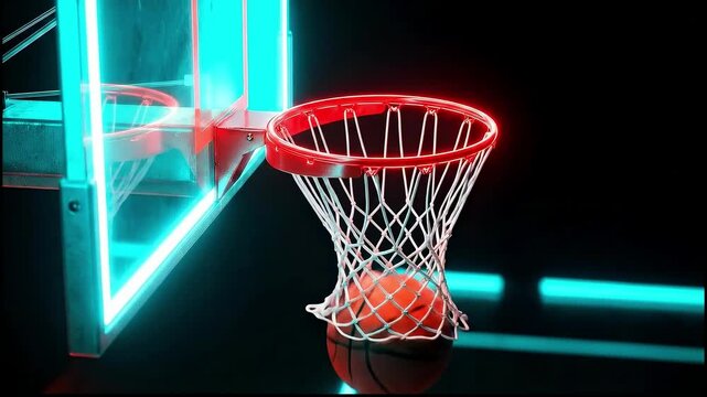 Basketball going through hoop with neon backboard light. Sport success goal concept for game video in darkness.