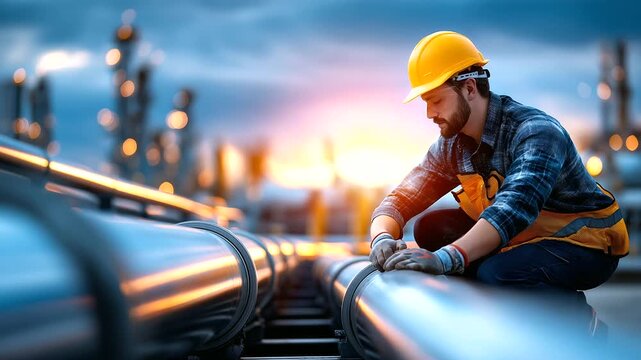 Faceless worker in complete protective safety gear meticulously examining large diameter industrial pipelines at processing plant, routine maintenance inspection, quality assurance