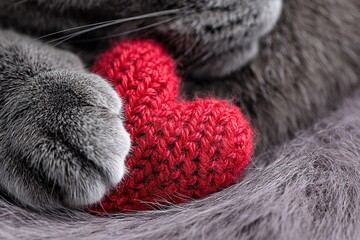 Gray cat's paw gently holds a knitted red heart on a soft textured blanket, symbolizing love and affection in a cozy indoor setting with warm ambiance