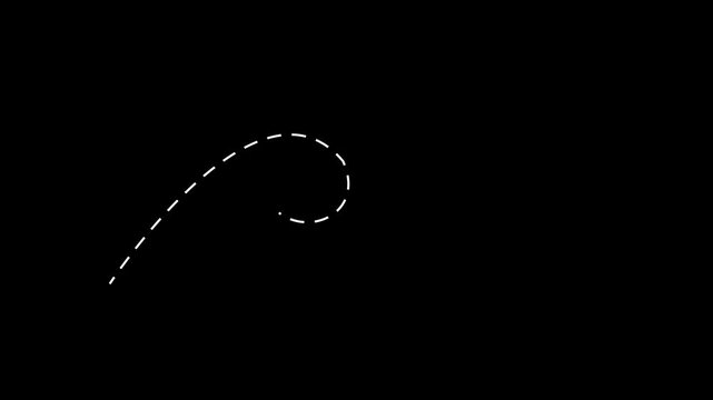 Arrow animation following wavy dotted line. Target arrow icon on black background. Long dotted line arrow animation to indicate an object. 4k Video
