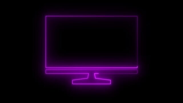 Glowing Pink neon computer monitor icon. Neon line TV monitor icon animation on a black background. 4k video