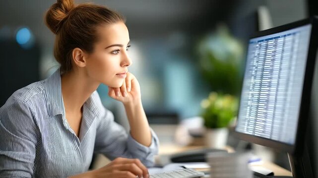 Female business analyst examining medical billing codes and detailed spreadsheet financial data on computer, healthcare administration, professional office workspace, defocused bac