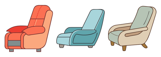 Collection of various comfortable armchairs and recliners in diverse colors and styles