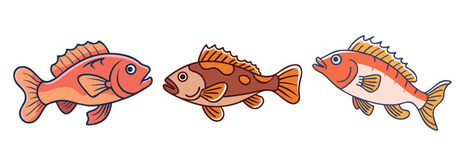 A cheerful trio of vibrant cartoon fish swimming happily, showcasing diverse patterns and colors in a playful illustration