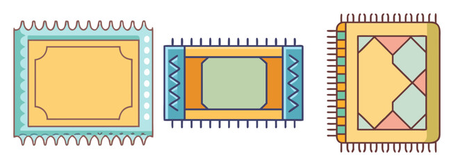 Three different colorful rugs with unique patterns and traditional fringes