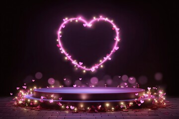Romantic heart-shaped arch adorned with pink lights and flowers, creating a dreamy atmosphere for celebrations, events, or special occasions with vibrant colors and soft glow