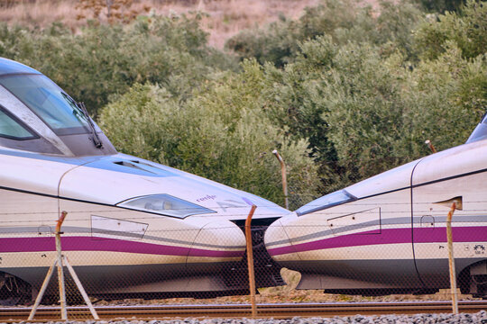Double Renfe High-Speed AVE Train Passing By In Puertollano Castilla-La Mancha Spain On The High-Speed Line