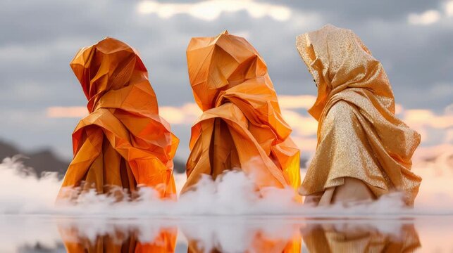 Three figures in vibrant orange and gold cloaks stand together, showcasing dynamic movement and texture, as mist swirls around them in a captivating visual narrative