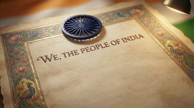 Indian Constitution Preamble Quote We The People Of India on Vintage Parchment with Ashoka Chakra and Peacock Border