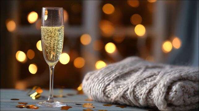 dcf. A champagne flute with golden bubbles on a wooden table beside a cozy blanket and festive confetti. bar promotions, beverage menus, designed for food & beverage menus and cafe branding.